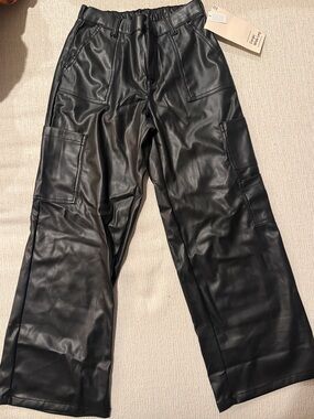 Black Faux Leather Cargo Pants for Men